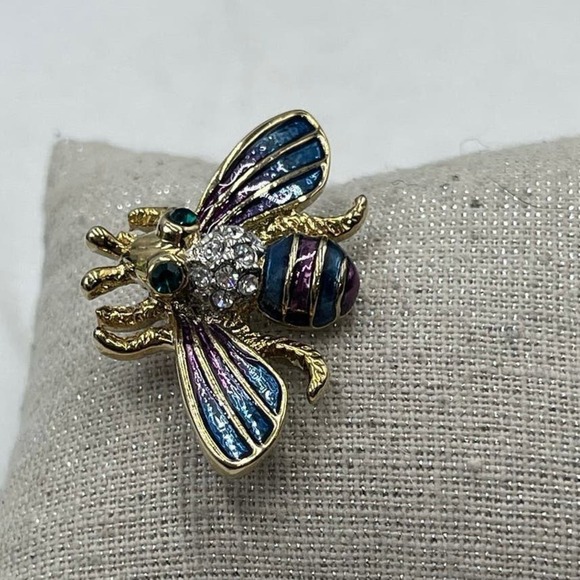 Bumble Bee Multicolor Blue Purple‎ Enamel Gold Tone Brooch - Picture 12 of 13